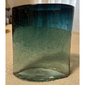 Vintage Bubble Art Glass Hand Blown Ombré Ocean Blue Vase Oval " 7.25”x7" x 4"